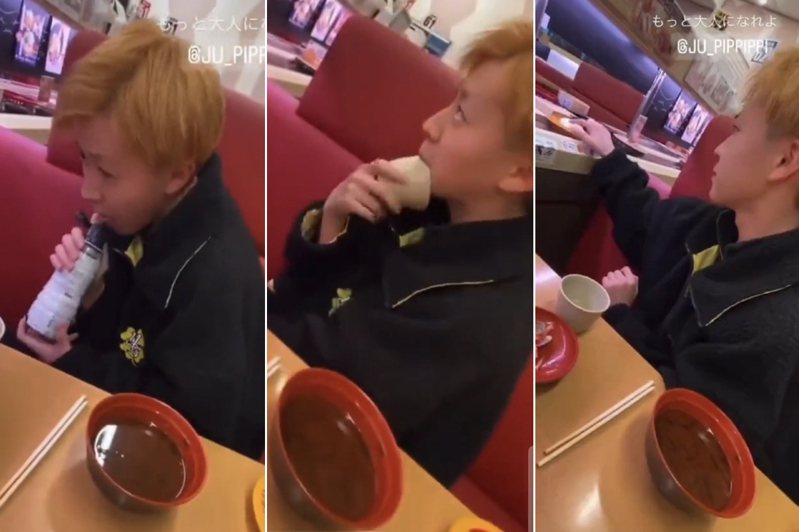 日本一名17歲的高中生去吃迴轉壽司，卻將脫序行為拍成影片，引發網友撻伐。圖／取自Twitter@takigare3