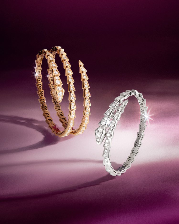 BVLGARI Serpenti Viper系列玫瑰金鑽石雙圈手環，約158萬4,000元起，價格依尺寸而定；BVLGARI Serpenti Viper系列白K金鑽石手環，約87萬8,000元起，價格依尺寸而定。圖／寶格麗提供