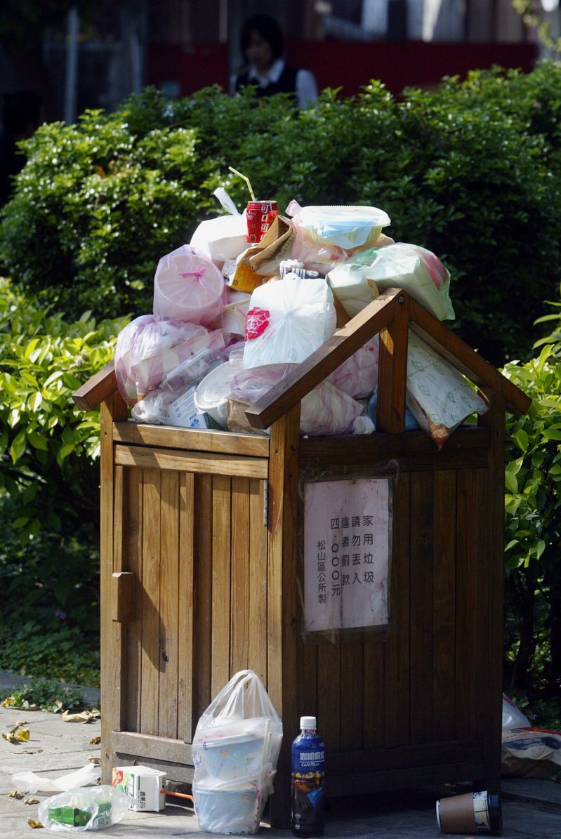圖為台北市某公園木屋造型垃圾桶被塞爆，民眾狂丟家用垃圾有礙觀瞻。報系資料照