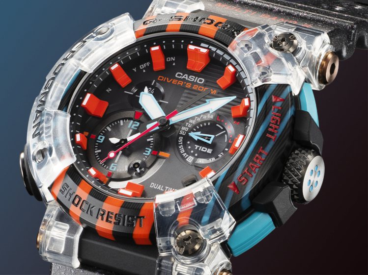 G-Shock嶄新的Frogman系列腕表，多色碳纖維表圈與半透明樹脂表殼的組合...