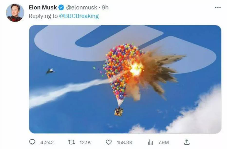 馬斯克的推特用動畫片「飛屋環遊記」（天外奇蹟）的梗來嘲笑氣球事件。（馬斯克推特）