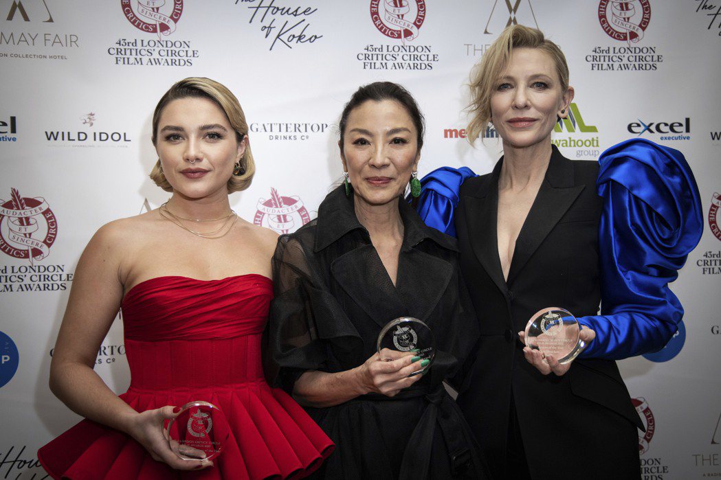 佛蘿倫絲普伊（左起）、楊紫瓊、凱特布蘭琪都獲得本屆倫敦影評人協會獎的肯定。（美聯社）