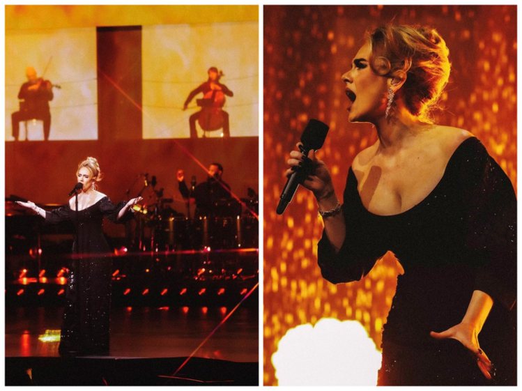 Adele參加拉斯維加斯的Weekends With Adele演唱會，換上了一Prada黑色禮服，展現天后級自信氣場。圖／PRADA提供（合成圖）