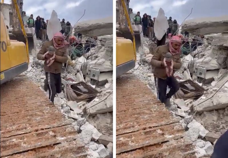 救難人員從廢墟中救出女嬰。圖擷自推特