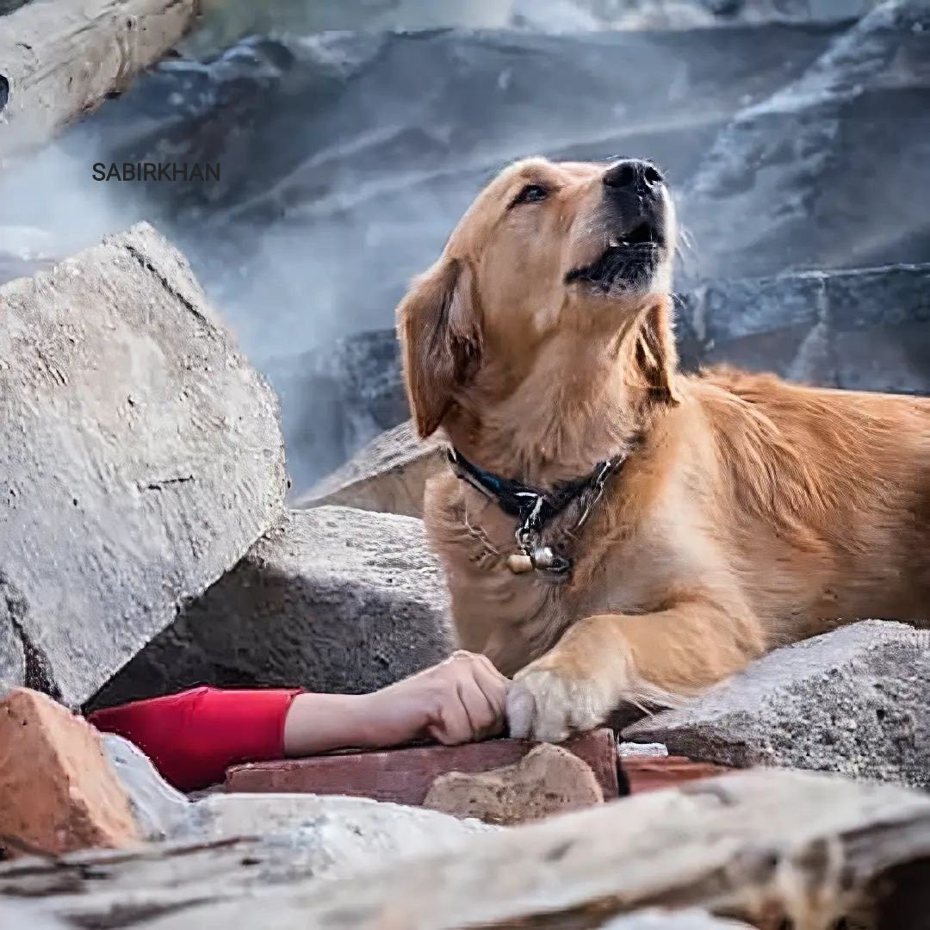 近日網路上瘋傳一張土耳其大地震現場照片，一隻可愛的搜救犬陪在被壓在瓦礫堆下的女孩身邊還牽著她的手，溫馨的畫面讓不少網友感動，但卻被踢爆真相其實不是這樣。 (圖/取自推特)