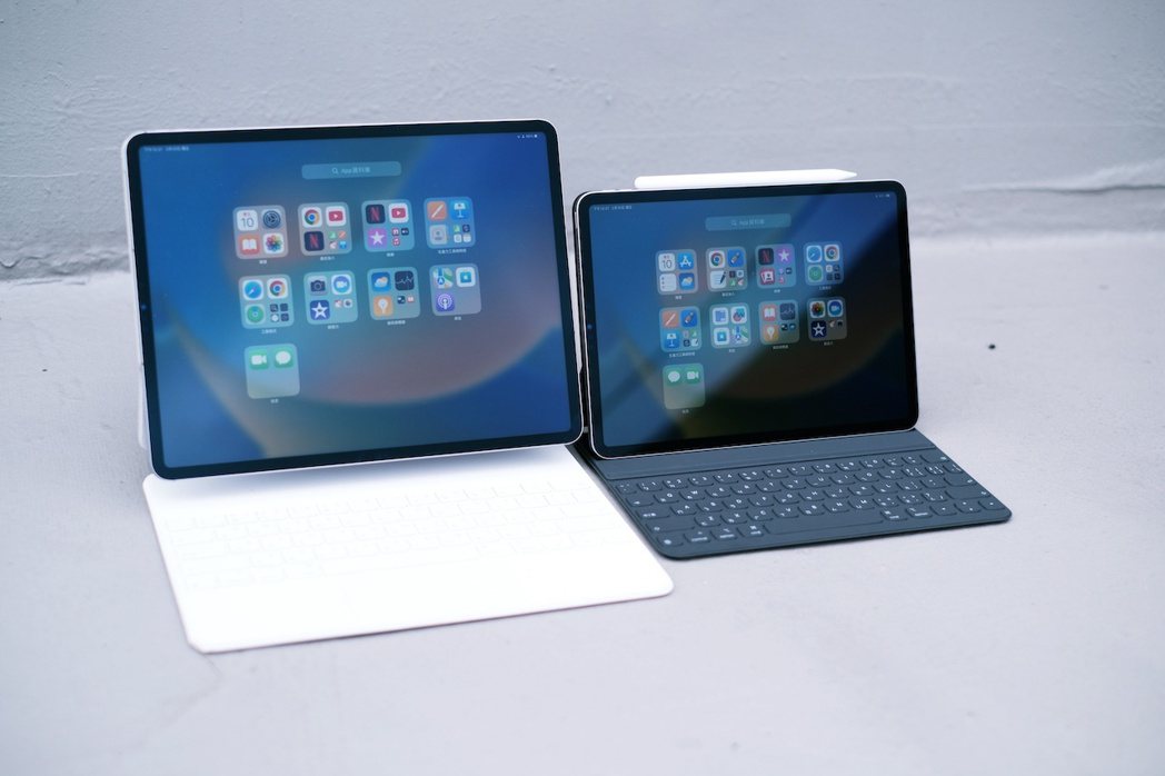 M2 iPad Pro兩種尺寸、各自搭配巧控鍵盤與鍵盤式聰穎雙面夾的尺寸對比，p...