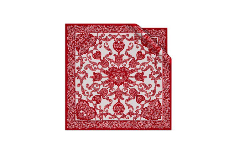 Dior紅色與白色Dior Bandana圖騰真絲斜紋方巾，12,500元。圖／...