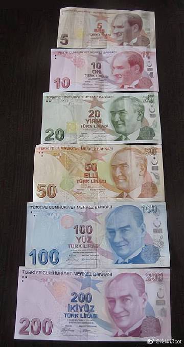 隨著鈔票面額增大，土耳其國父慢慢地把臉轉向正面。圖擷自微博