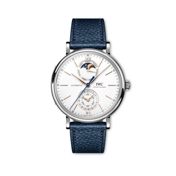 Portofino全日曆腕表具有41毫米的寬闊面盤，將可顯示時鐘、分鐘、秒鐘、日...
