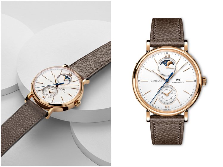 IWC發表新款Portofino全日曆腕表，指針式、上下對稱的兩個次表盤，展現俐落明快的當代風格。圖／IWC提供（合成圖）