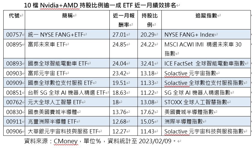 10檔Nvidia+AMD持股比例逾一成ETF近一月績效排名