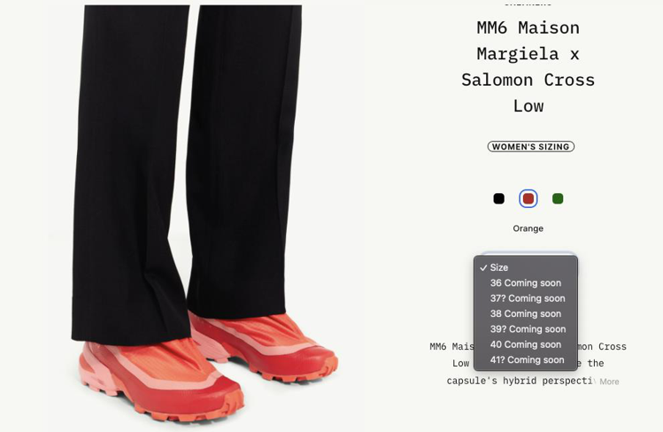 因為蕾哈娜穿著效應，MM6 Maison Margiela與Salomon聯名潮鞋，目前不管是何種配色都銷售一空了！圖／翻攝品牌官網