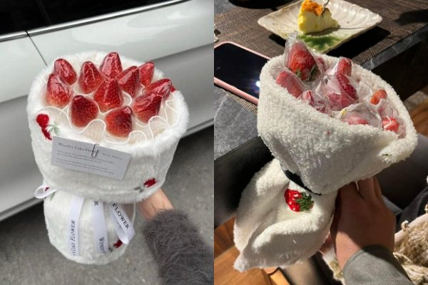 一名男網友在ig上看到精美草莓花束，想當作情人節禮物討女友歡心，沒想到實際收到商品卻變成「抹布包草莓」。圖擷取自爆怨公社