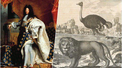 左圖為路易十四，與克勞德·佩羅在參訪凡爾賽奇獸園後，最後在1676年出版《動物自...