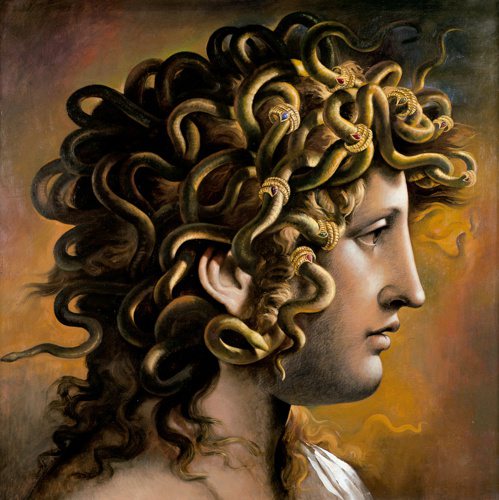 畫家Carlo Maria Mariani作品《Incantamento》刻畫希臘蛇畫中以蛇為髮的美杜莎。圖／寶格麗提供