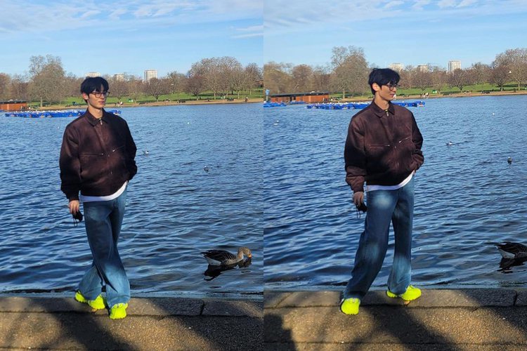 黃旼炫在倫敦市區觀光，則是以Moncler的螢光綠Trailgrip休閒鞋點綴造...