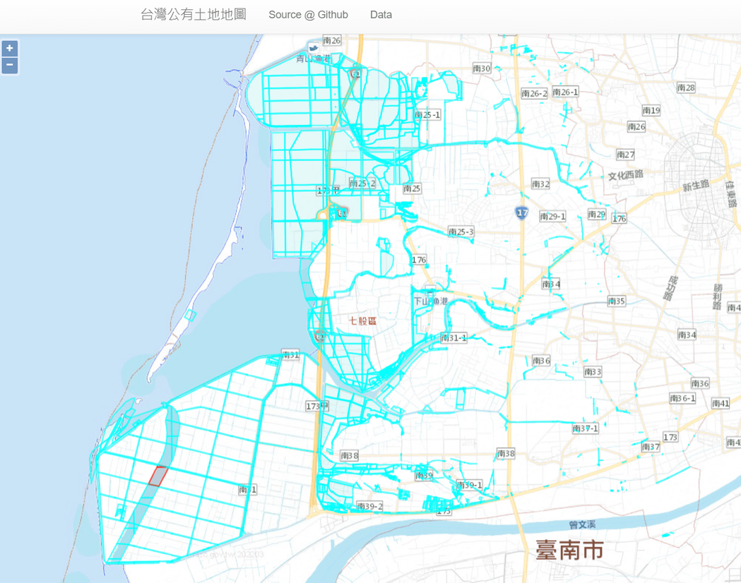 由民間工程師江明宗製作的「台灣公有土地地圖」可查詢鄉鎮區內的國有土地。 圖／碳匯...