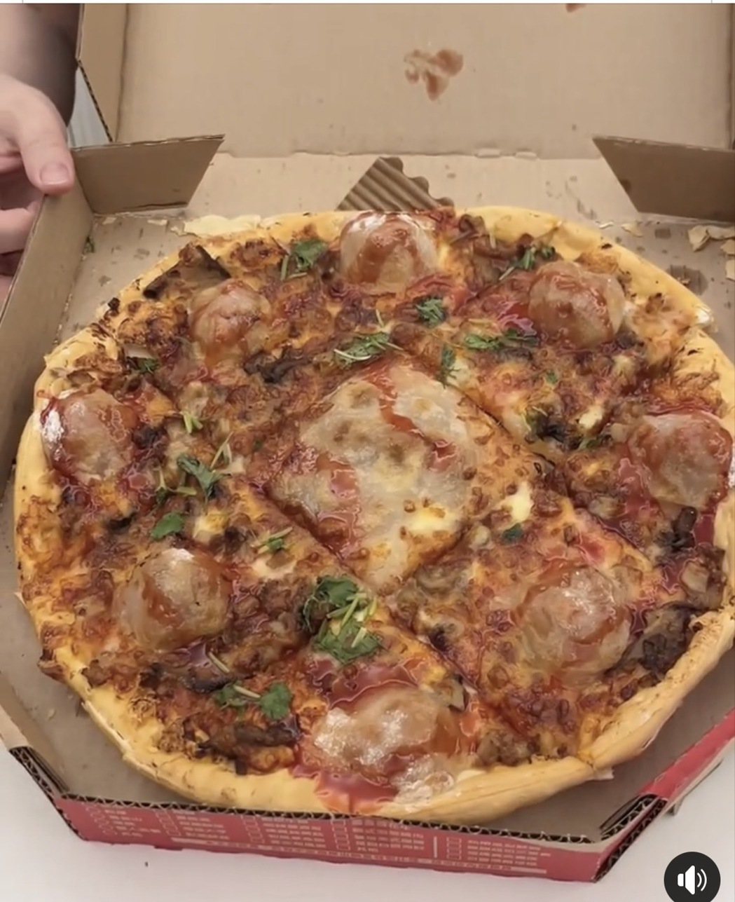 打开盒子，披萨里包了8个肉圆。摘自脸书