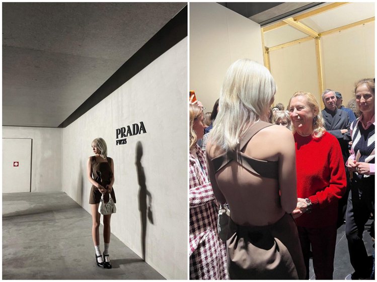 SOMI昨晚出席Prada米蘭時裝秀發表，除了大秀0瑕疵美背，更與品牌創意總監Miuccia Prada碰面致意。 圖 / 摘自 IG @ somsomi0309（合成圖）