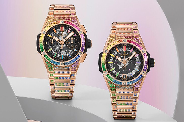 全新BIG BANG INTEGRATED皇金彩虹鍊帶腕錶，以黃金搭配多種彩色寶石，為高階運動錶帶來璀璨華麗的新風貌。圖／城邦國際名表提供