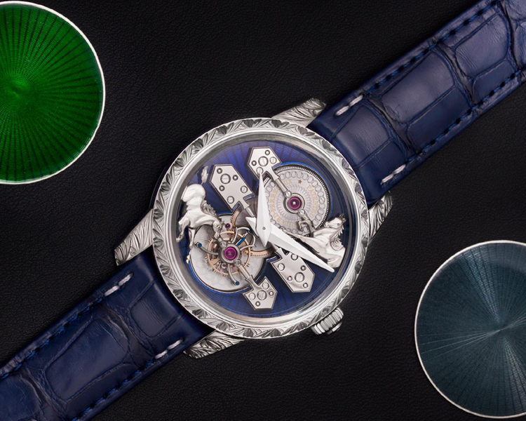 芝柏（Girard Perregaux）推出新款La Esmeralda神秘駿馬陀飛輪白金腕表，並將在3月下旬登場的鐘表與奇蹟（Watches and Wonders）日內瓦表展正式曝光。圖／Girard Perregaux提供