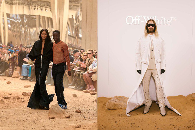 Off-White巴黎大秀除了有「小丑」Jared Leto（右）來捧場看秀之外，超模「黑珍珠」娜歐蜜坎貝兒（左）來走秀，並壓軸登場，讓人感受到品牌全新風貌。圖／Off-White提供