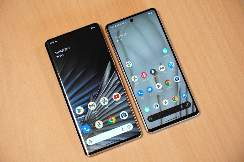 圖（由左至右）為Google Pixel 7 Pro和Pixel 7手機。報系資料照／記者黃筱晴攝影