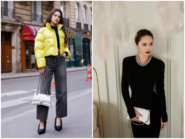 楊丞琳前往巴黎看秀時，全黑連身裙或黃色超短外套街拍的兩種造型，都使用了Balenciaga的Crush包。圖／Balenciaga提供（合成圖）