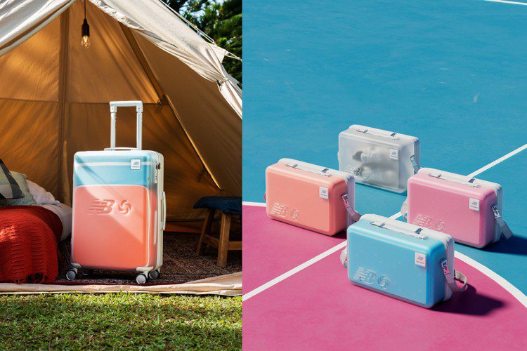 Samsonite與New Balance聯名系列袋包、行李箱，因為有著夢幻般的橘、粉和青檸等糖果配色，一曝光就吸引了所有人目光。圖／Samsonite提供