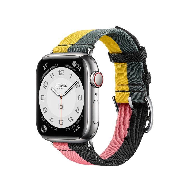 Apple Watch Hermès 8系列Casaque杜鵑粉與黑雙色單圈尼龍編織表帶，（配41毫米表盤）。圖／愛馬仕提供
