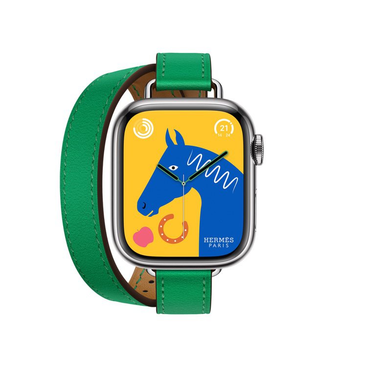 Apple Watch Hermès 8系列竹綠色Swift小牛皮雙圈表帶，（配41毫米表盤），43,400元。圖／愛馬仕提供