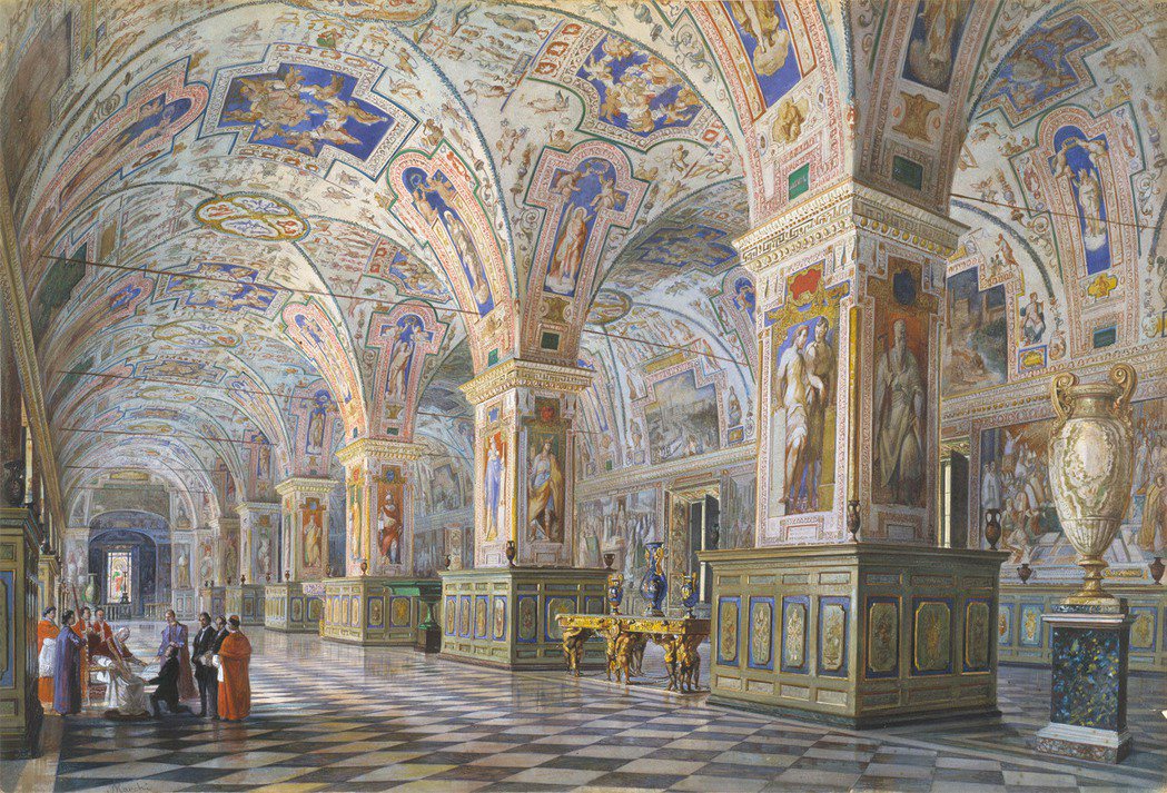 西斯汀大廳視圖，本作品由畫家文森佐．馬爾基於1860年左右繪製。左側呈現教宗庇護...