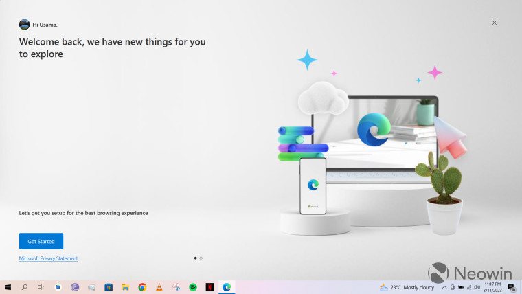 微軟在推薦自家Edge瀏覽器相當不遺餘力，這次還跳出「全螢幕畫面」，右上角也未有「X」鍵關閉，意圖要誘導你使用它。（翻攝自Neowin）