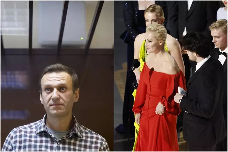 第95屆奧斯卡金像獎12日舉行頒獎典禮，講述俄羅斯反對派領袖納瓦尼（圖左）的紀錄片「Navalny」奪下最佳紀錄片獎，妻子尤利雅（圖右）與導演在獲獎後一同上台致詞。（歐新社、美聯社）