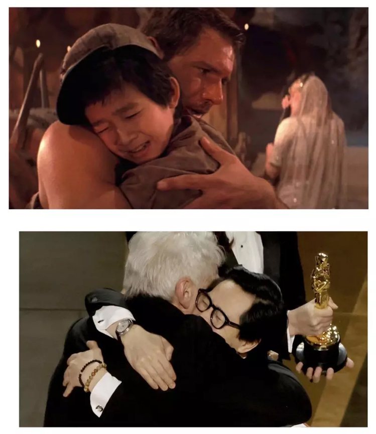 關繼威(下圖右)曾在39年前與哈里遜福特合作娛樂大片「魔宮傳奇」，2人在奧斯卡頒獎典禮再度重逢擁抱。(網路截圖、路透)