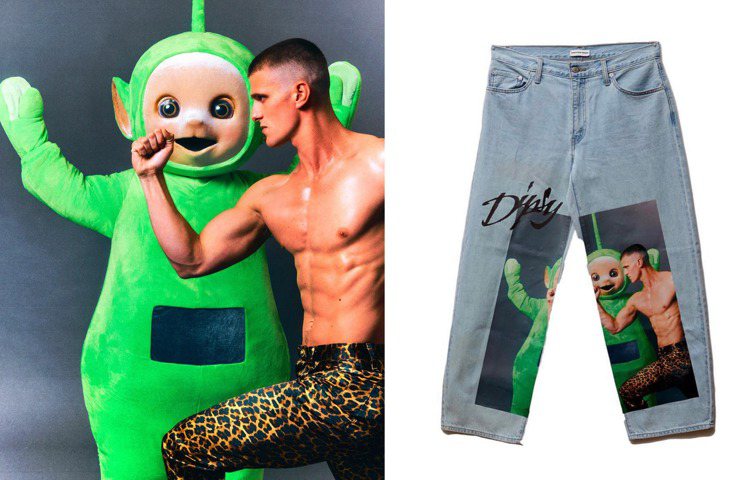 紐約設計師品牌Christian Cowan在這季推出了「天線寶寶」迷你聯名系列牛仔褲，設計靈感源自90年代高級時裝廣告。圖／摘自Christian Cowan facebook與官網