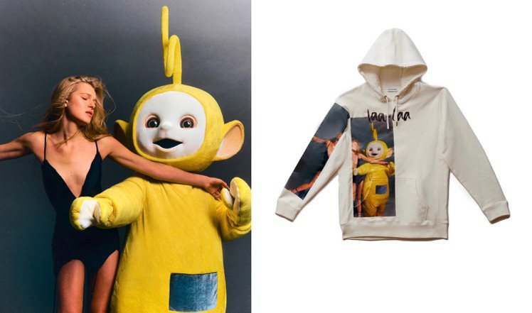 紐約設計師品牌Christian Cowan在這季推出了「天線寶寶」迷你聯名系列連帽上衣，設計靈感源自90年代高級時裝廣告。圖／摘自Christian Cowan facebook與官網