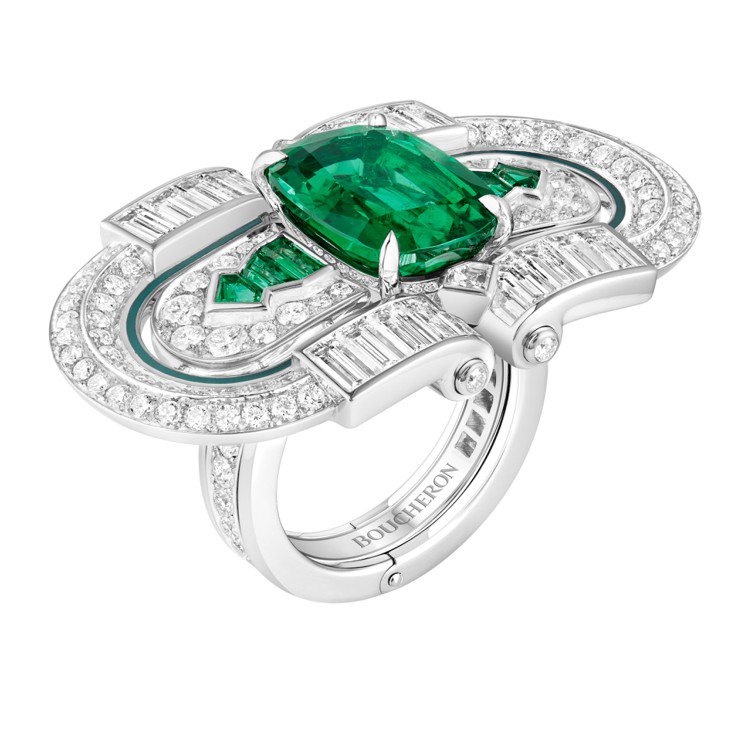 可轉為單寶石戒指的Green Garden戒指，使用鉑金、綠色彩漆、鑲嵌鑽石和祖...