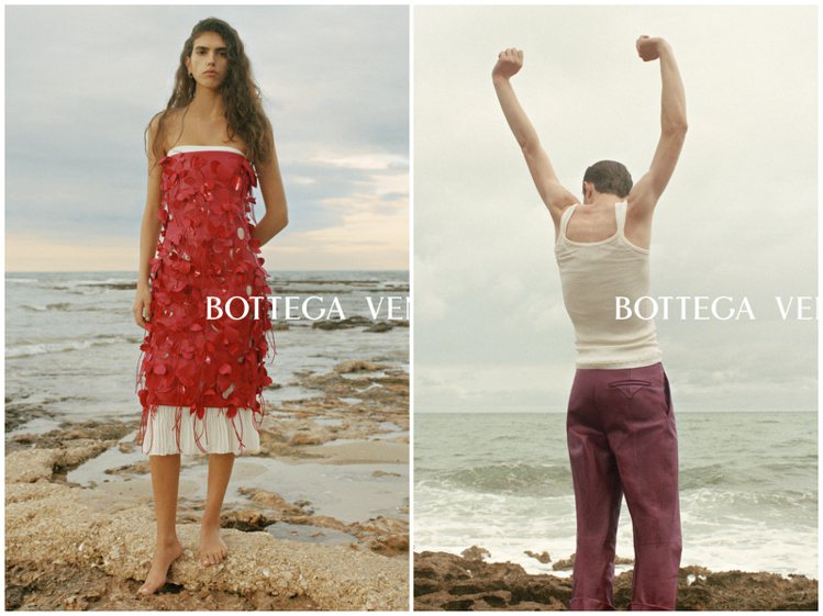 在Bottega Veneta的春夏形象廣告中，模特兒時而在海岸邊赤腳而立、或背對鏡頭書展雙臂，也有人穿著白色背心、牛仔褲坐在石牆前露出自信笑容。圖／Bottega Veneta提供（合成圖）