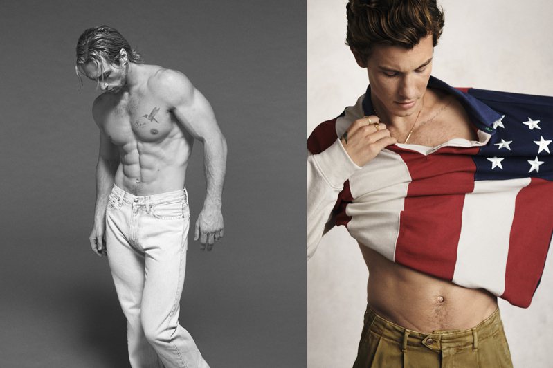 「快銀」艾倫強森（右）在形象廣告中放送胸、腹肌、加拿大男神尚恩曼德斯則秀性感人魚線。圖／Calvin Klein、TOMMY HILFIGER提供