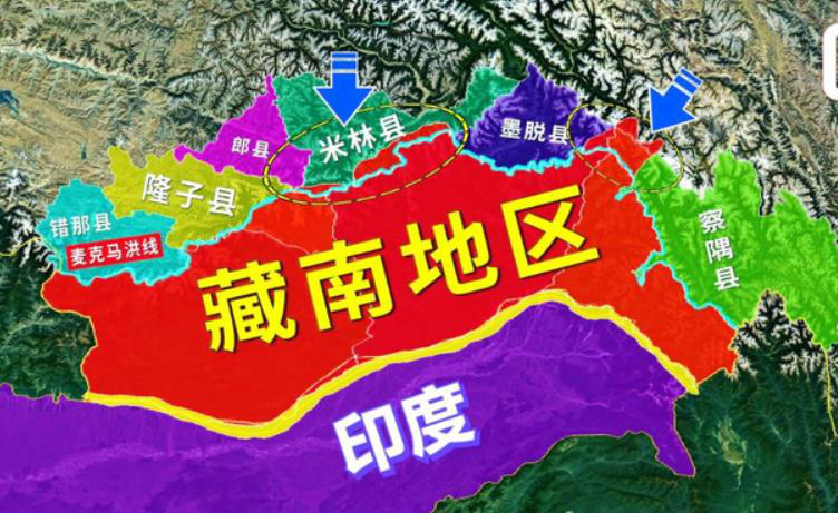 藏南地區（印度稱阿魯納恰爾邦）被美國參議院承認為印度領土。圖中的藍條線即為麥克馬...