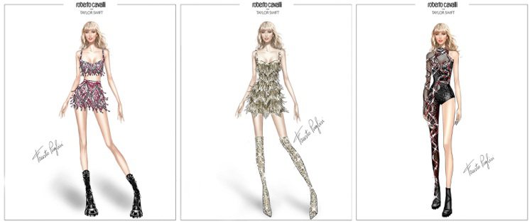 時裝品牌Roberto Cavalli也曝光了為泰勒絲訂製服飾的手稿。圖／摘自R...