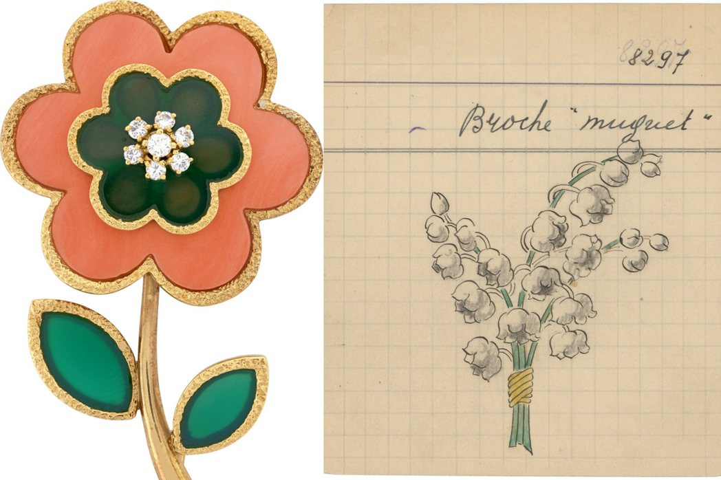（左）1974年的Saint-Louis骨董胸針，結合了黃K金、白K金、綠色瑪瑙...