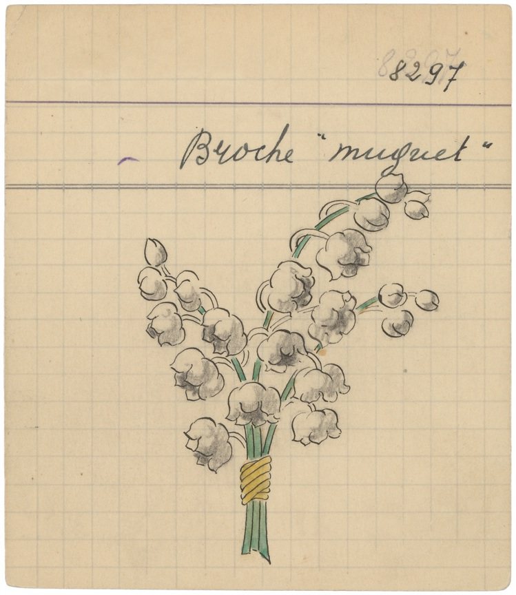 1927年的產品記錄卡，描繪了Lily of Vallery胸針的設計草圖手稿。...