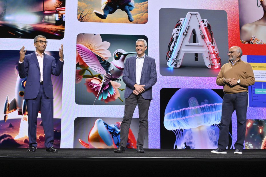 Adobe多位高階主管在21日Adobe峰會上，共同發表Adobe Firefly。  美聯社
