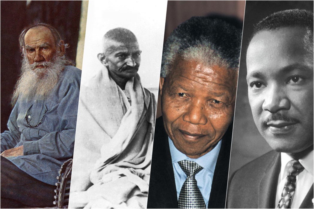 由左至右為托爾斯泰、甘地、曼德拉、馬丁．路德．金恩。 圖／維基共享、美聯社