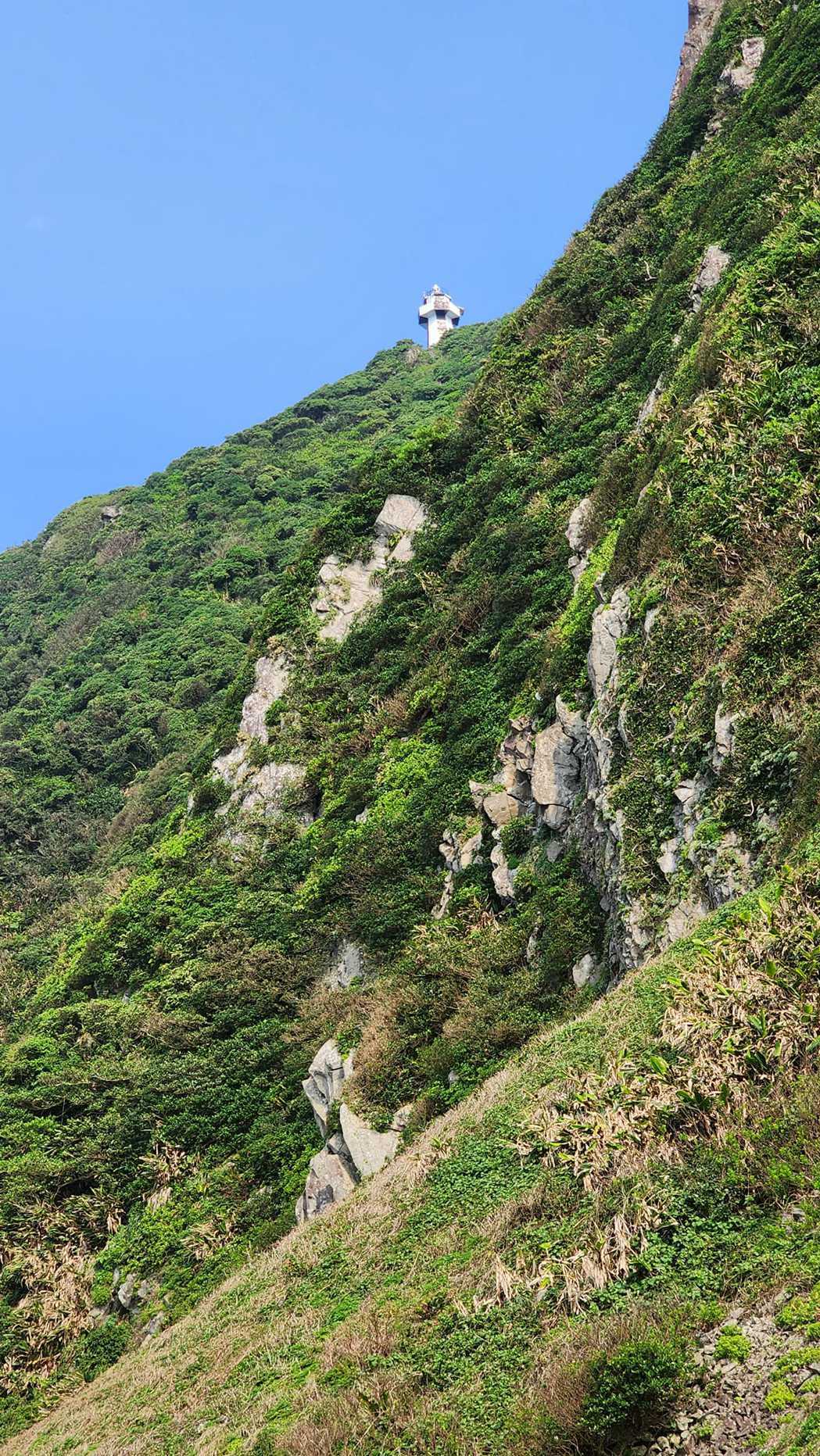 海拔189.3公尺的「基隆島」燈塔是台灣最早使用太陽能發電的燈塔。圖／蔡馥嚀提供
