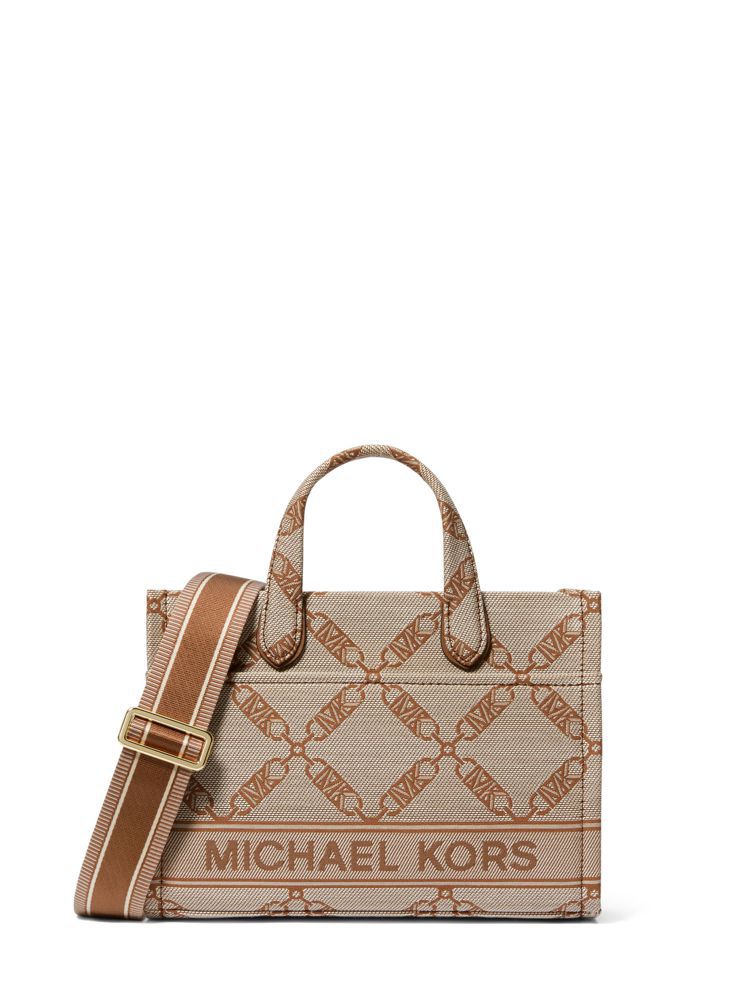 MICHAEL Michael Kors迷你系列Gigi Empire褐色緹花小型托特包，17,300元。圖／MICHAEL KORS提供