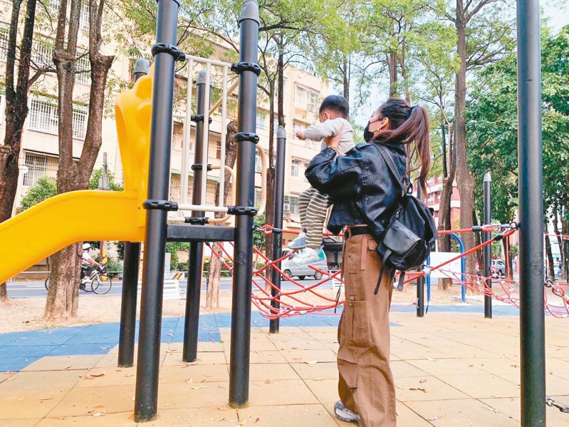 嘉義市宣信公園新遊具，要上溜滑梯必須攀爬繩網，幼童要靠父母抱上去才能玩。圖／翻攝市議員戴寧臉書
