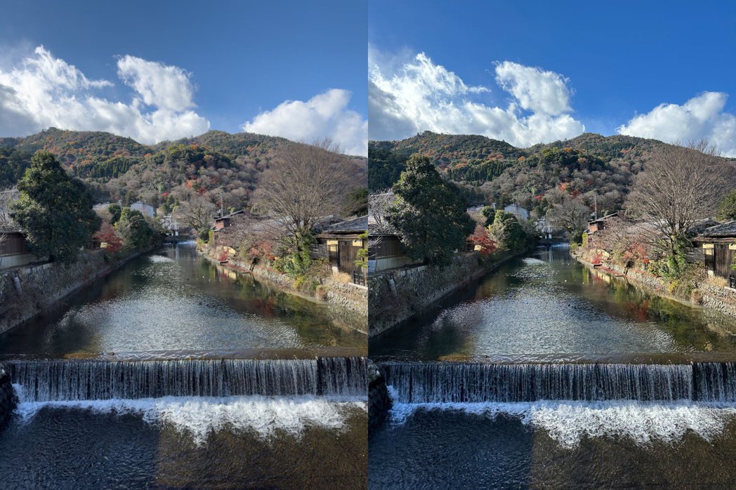 這兩張相同風景照（左）顏色比較平淡，RAW格式、（右）顏色較鮮豔，JPG格式。圖...